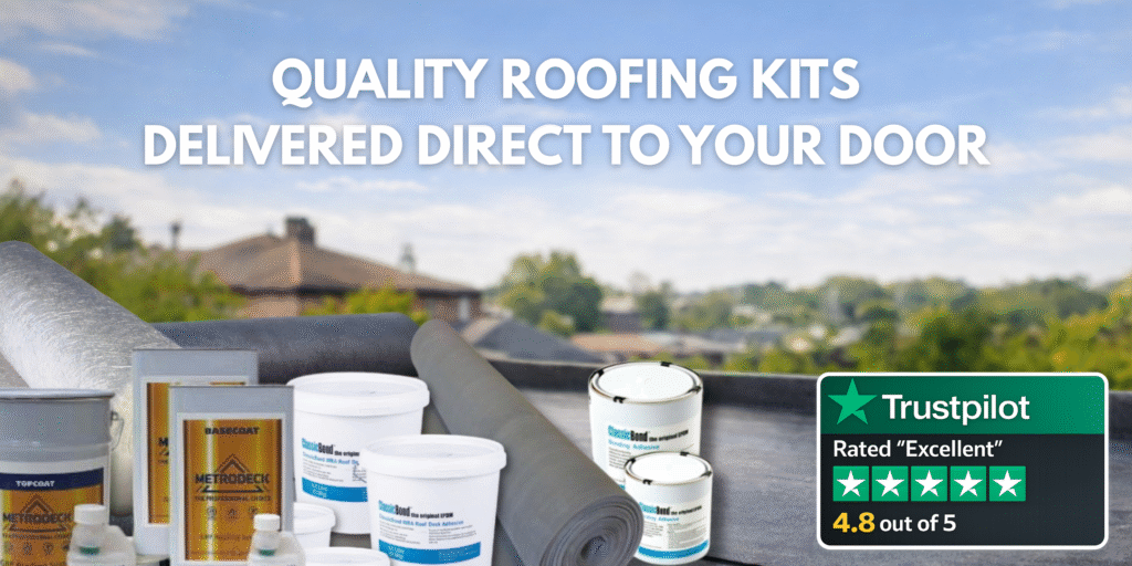 Roofing Kits Direct website banner. Image with fibreglass kit supplies and rubber kit. Trustpilot rating 4.8/5 stars, excellent. 